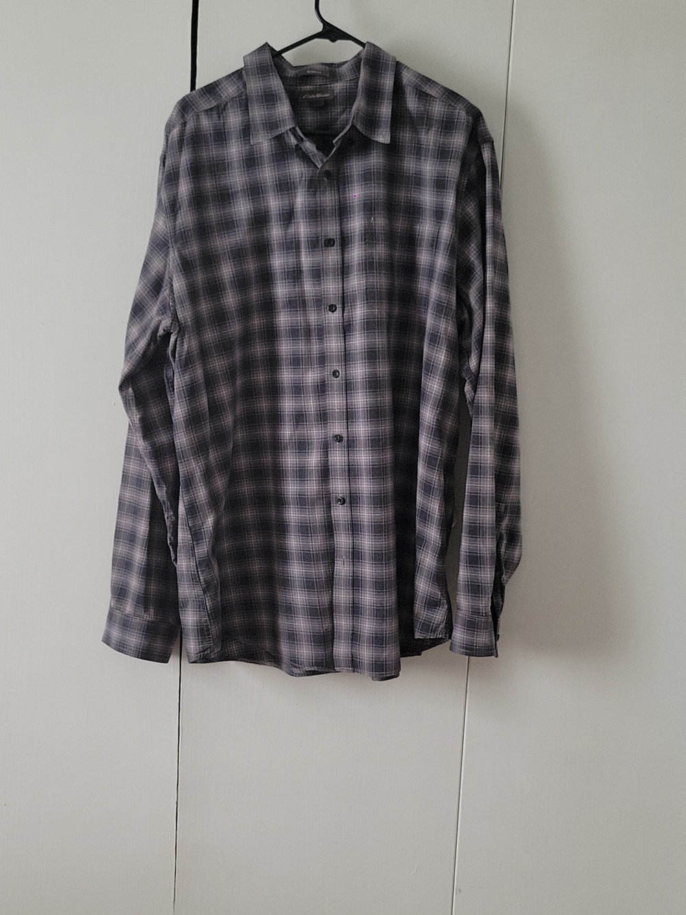 Eddie Bauer Men's Gray and Black Plaid Button-Down Shirt